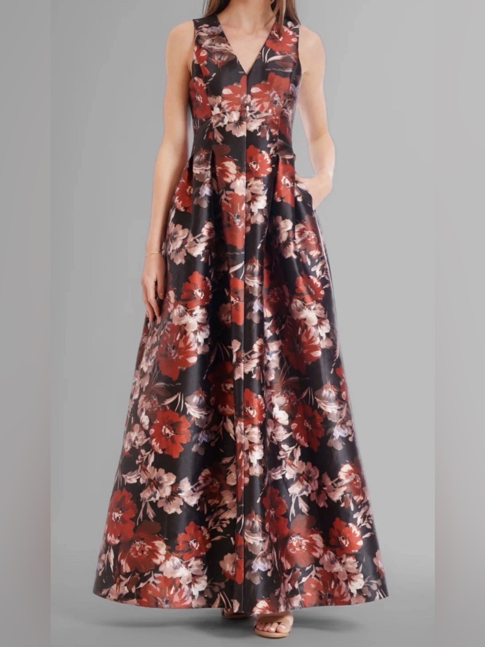New Julia Jordan Sleeveless Floral Mikado Print V-Neck A-Line Gown Sz 6 MRSP$328